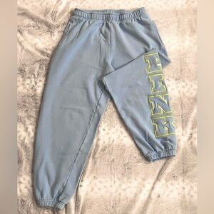 PINK Victoria's Secret Light Blue Joggers with Neon Yellow Logo